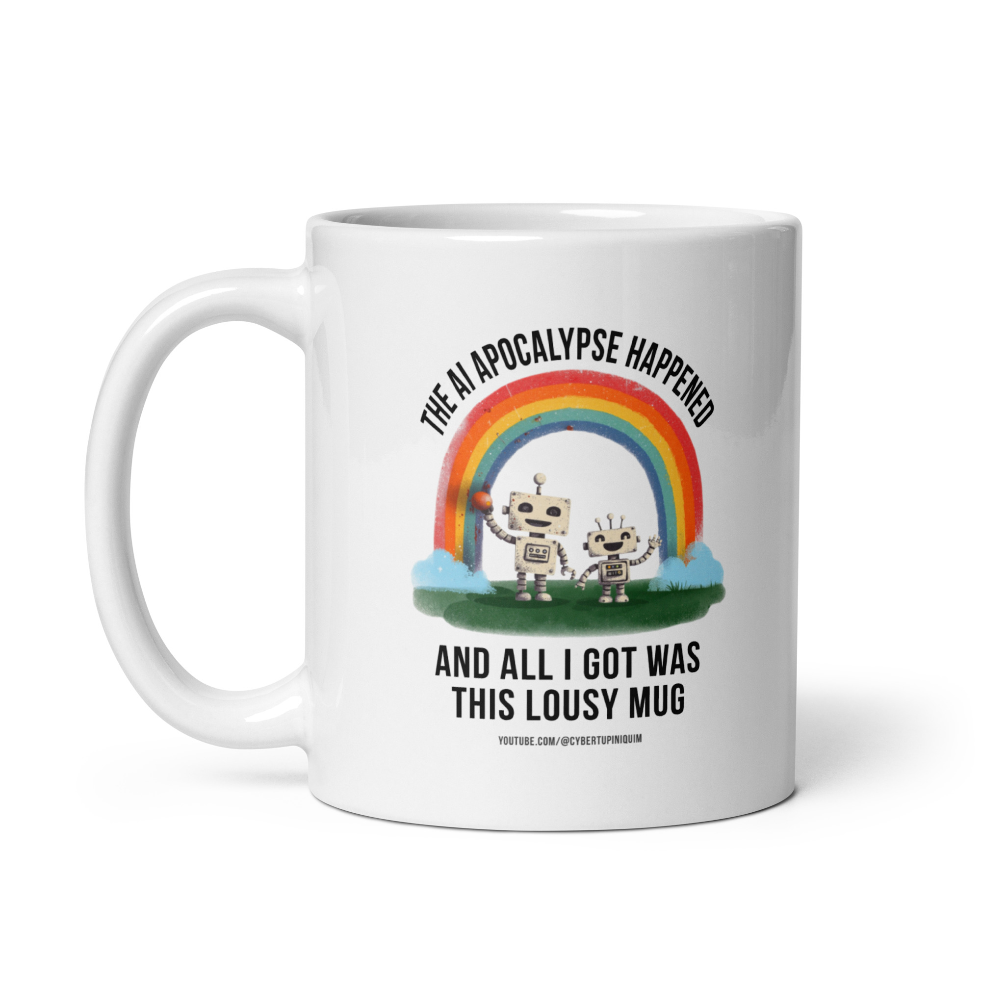ai apocalypse: robots under rainbow. white glossy mug