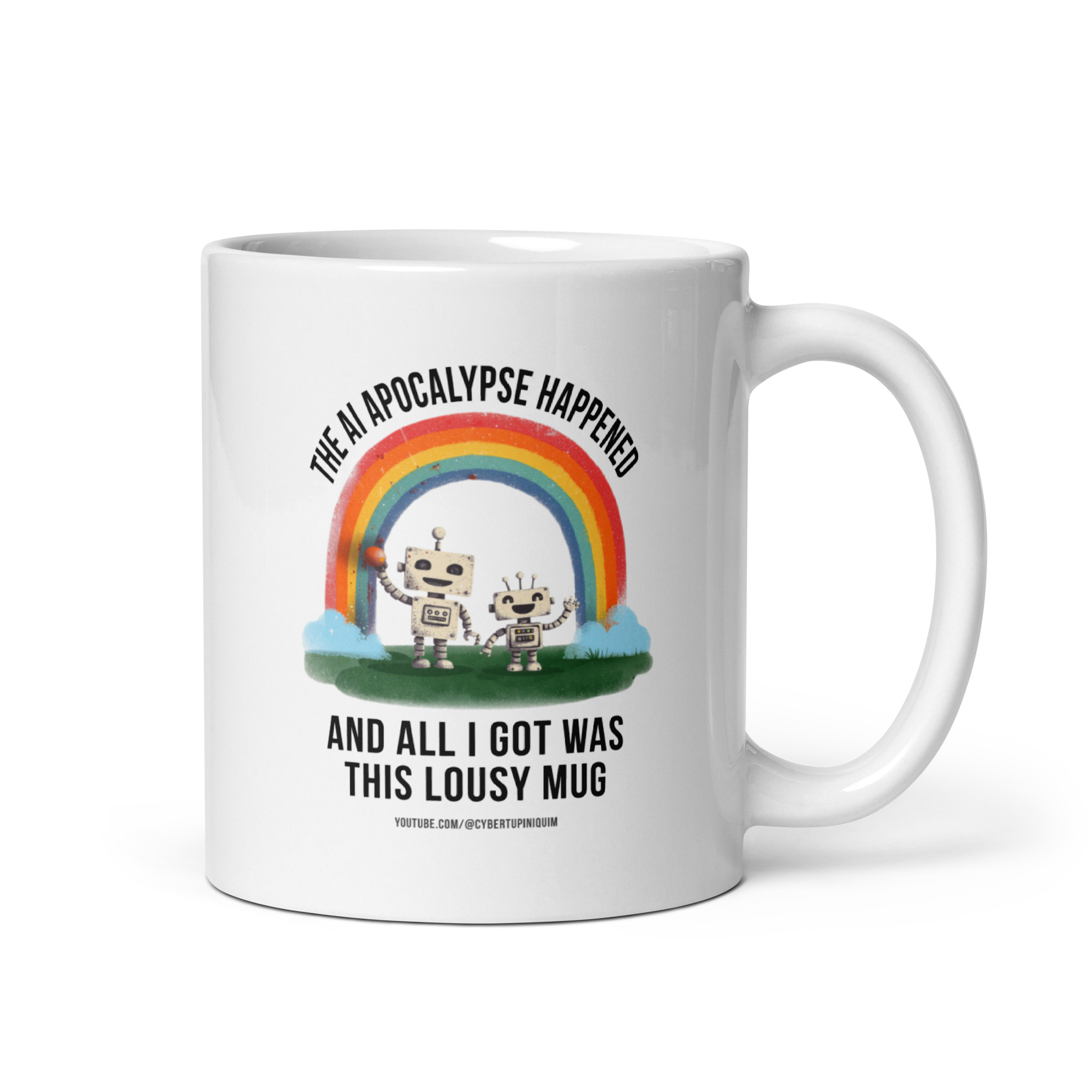 ai apocalypse: robots under rainbow. white glossy mug
